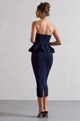 Navy Bodycon Bandeau Midi Dress With Peplum Detail